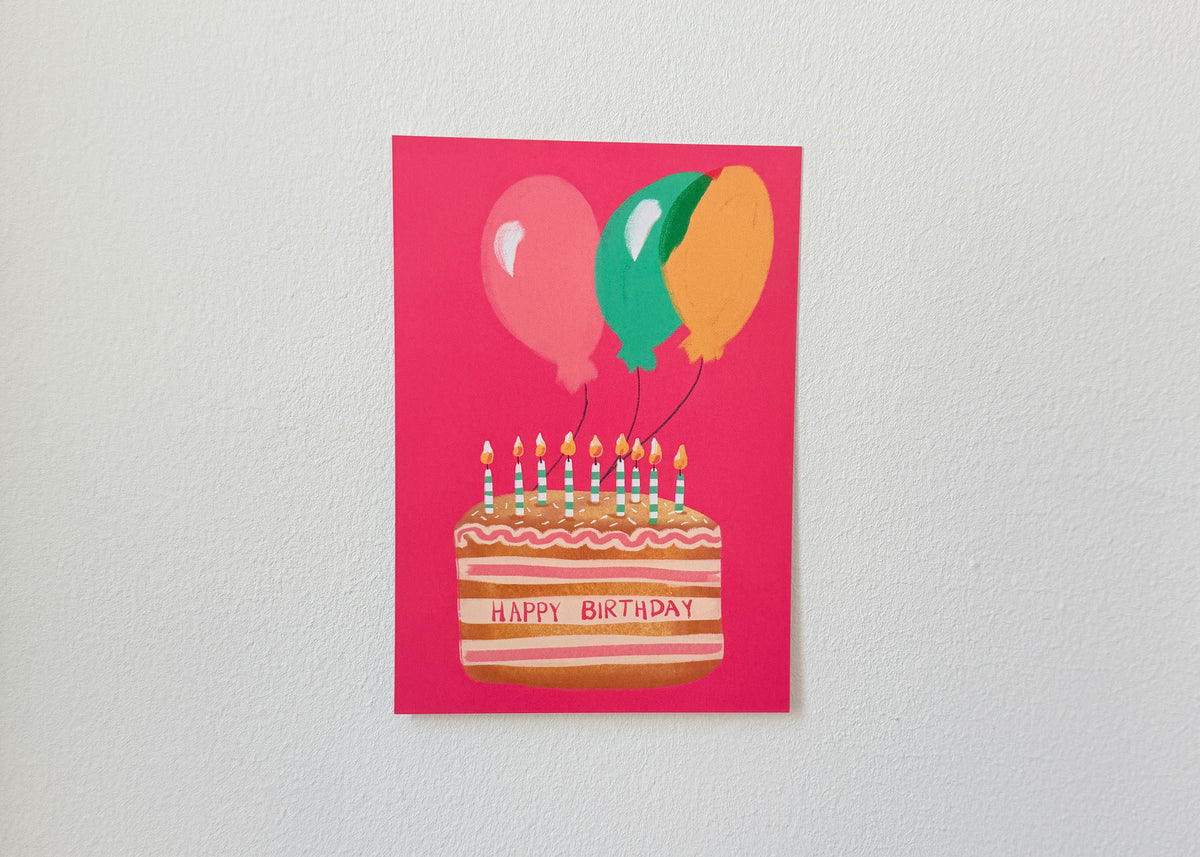 Postkarte "Geburtstagstorte und Ballons" – illustrierte Geburtstagskarte – Ansicht 1