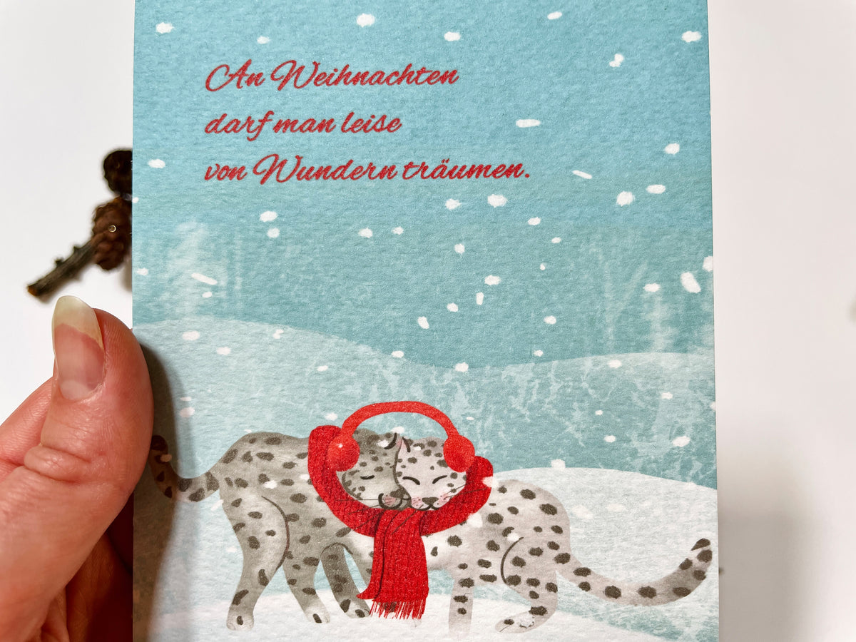 Weihnachtskarte "Winterwunder, Schneeleoparden", Postkarte – Ansicht 3