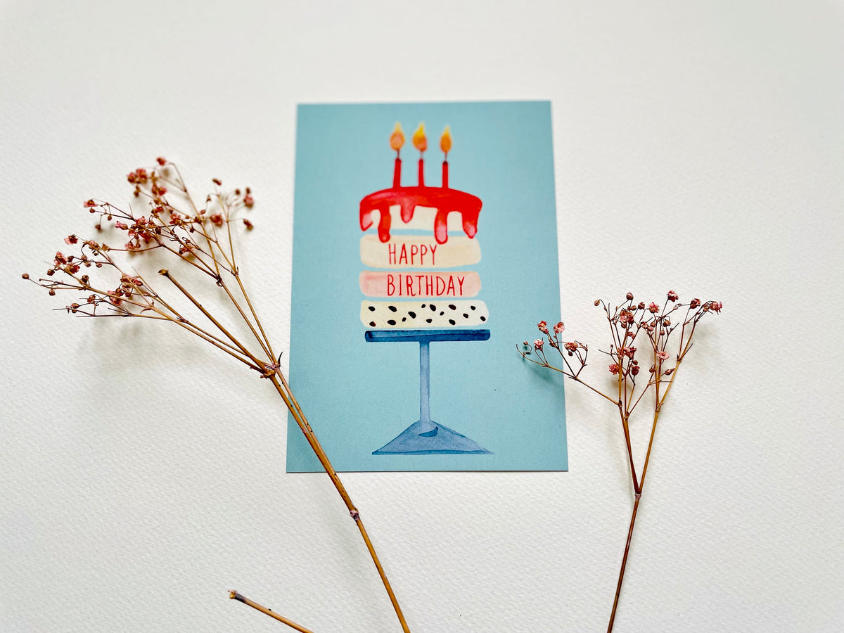 Postkarte "Happy Birthday Kuchen" I Handgemalte Illustration – Ansicht 1