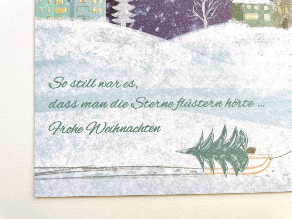 Weihnachtskarte "Frau mit Weihnachtsbaum auf Schlitten", Postkarte – Ansicht 4
