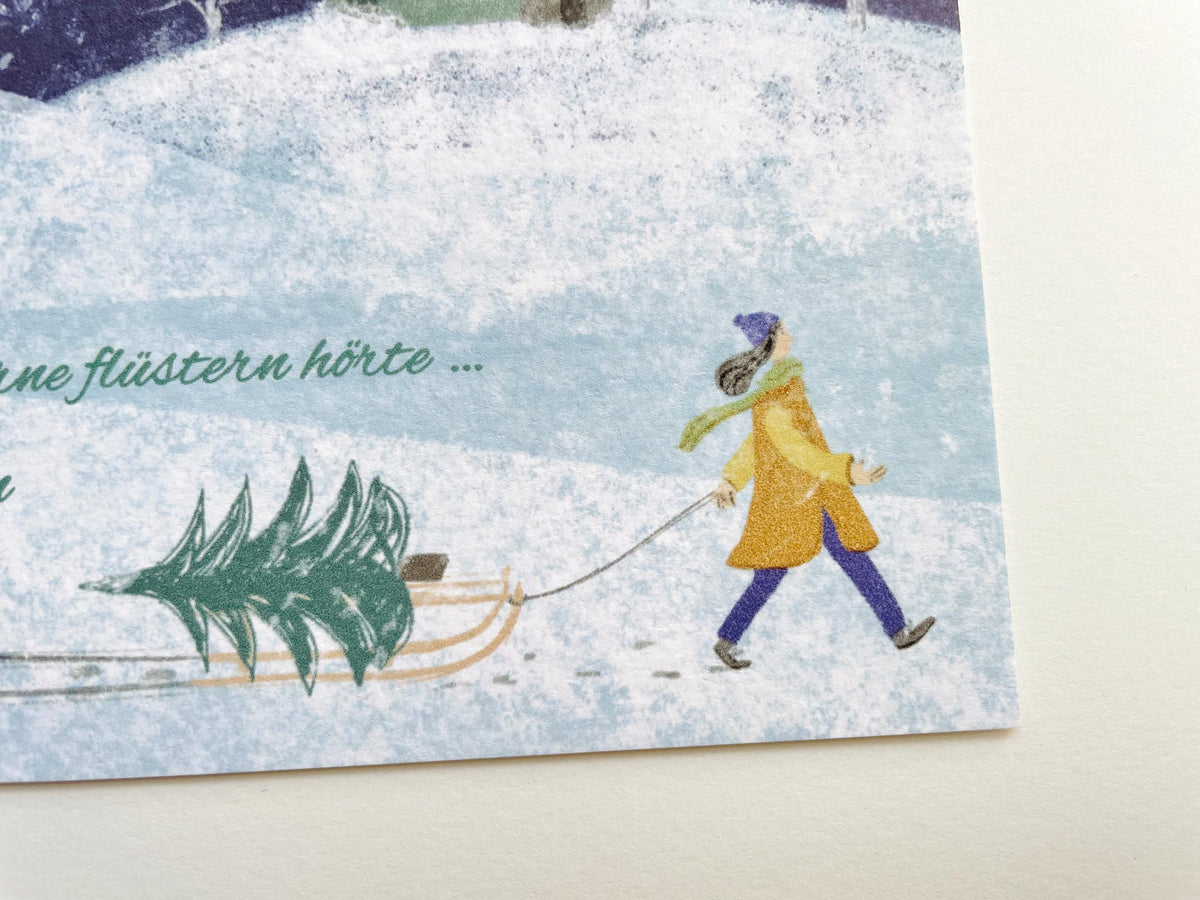 Weihnachtskarte "Frau mit Weihnachtsbaum auf Schlitten", Postkarte – Ansicht 2