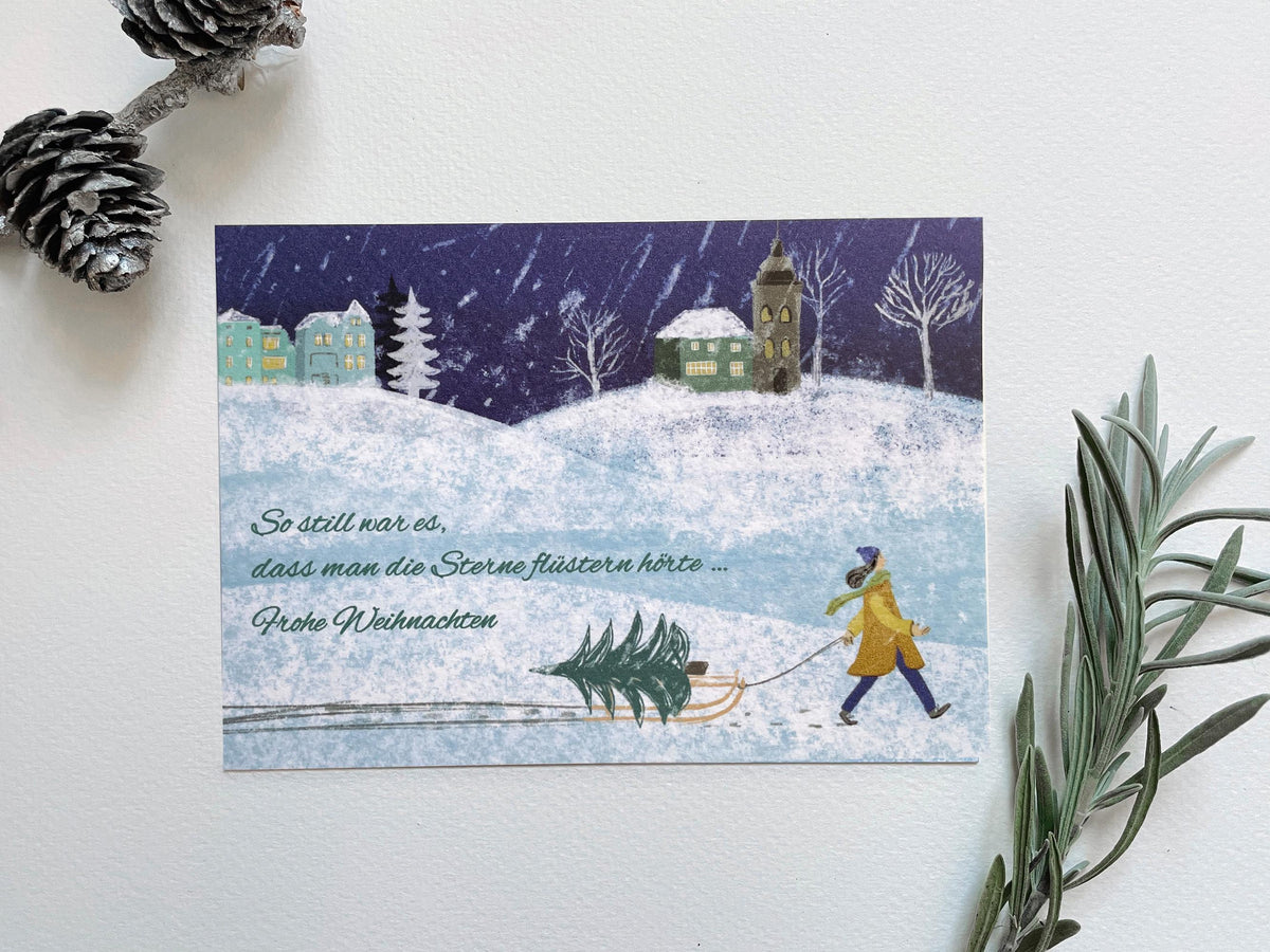 Weihnachtskarte "Frau mit Weihnachtsbaum auf Schlitten", Postkarte – Ansicht 1