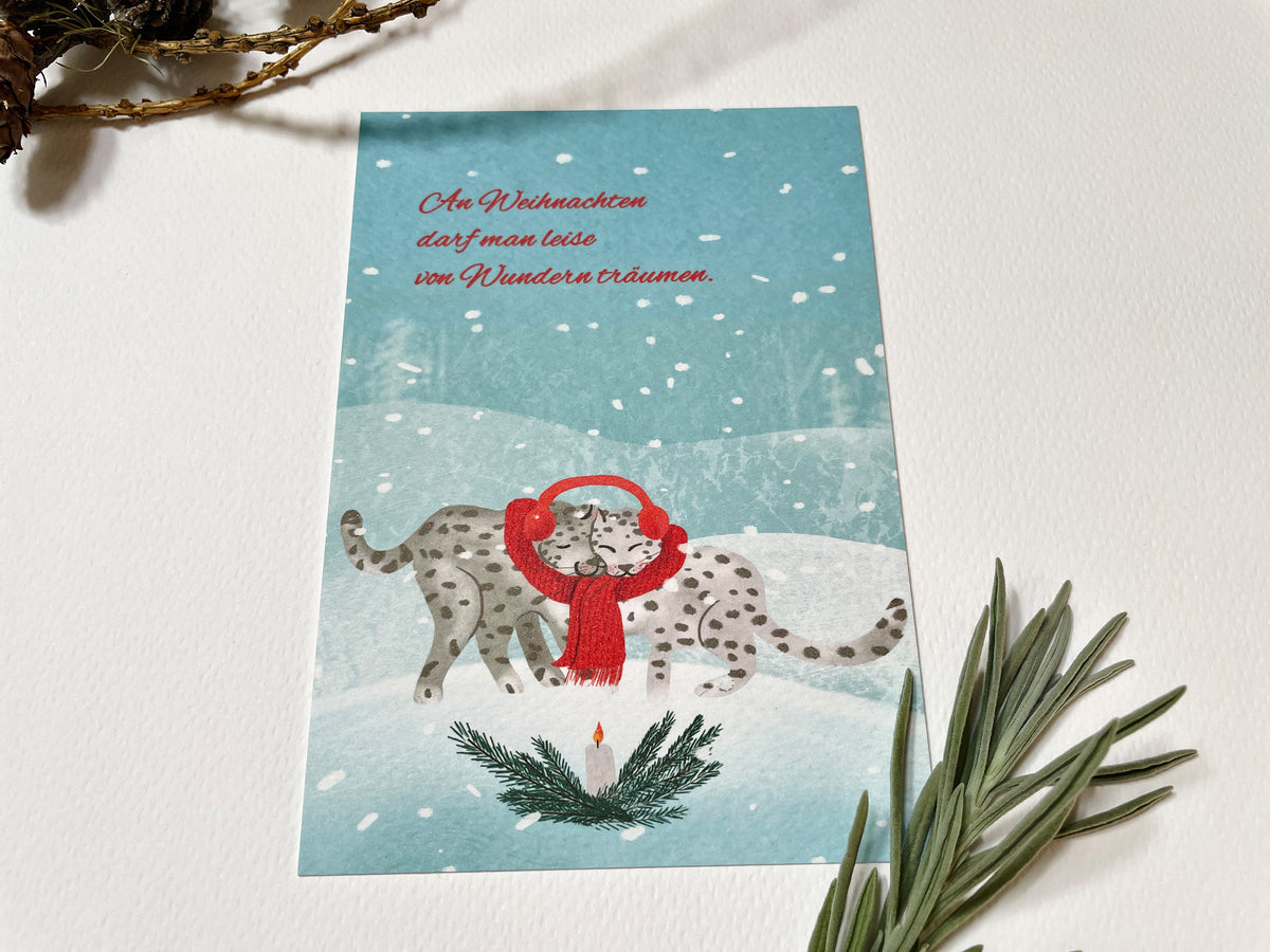 Weihnachtskarte "Winterwunder, Schneeleoparden", Postkarte – Ansicht 4