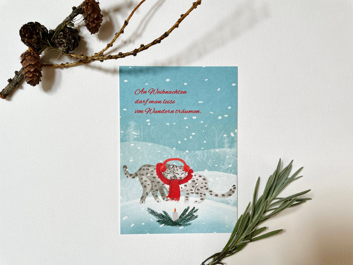 Weihnachtskarte "Winterwunder, Schneeleoparden", Postkarte – Ansicht 1
