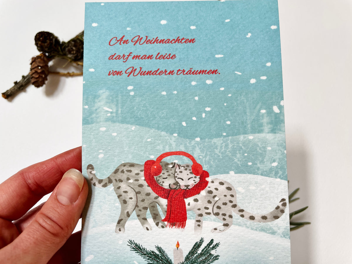 Weihnachtskarte "Winterwunder, Schneeleoparden", Postkarte – Ansicht 2